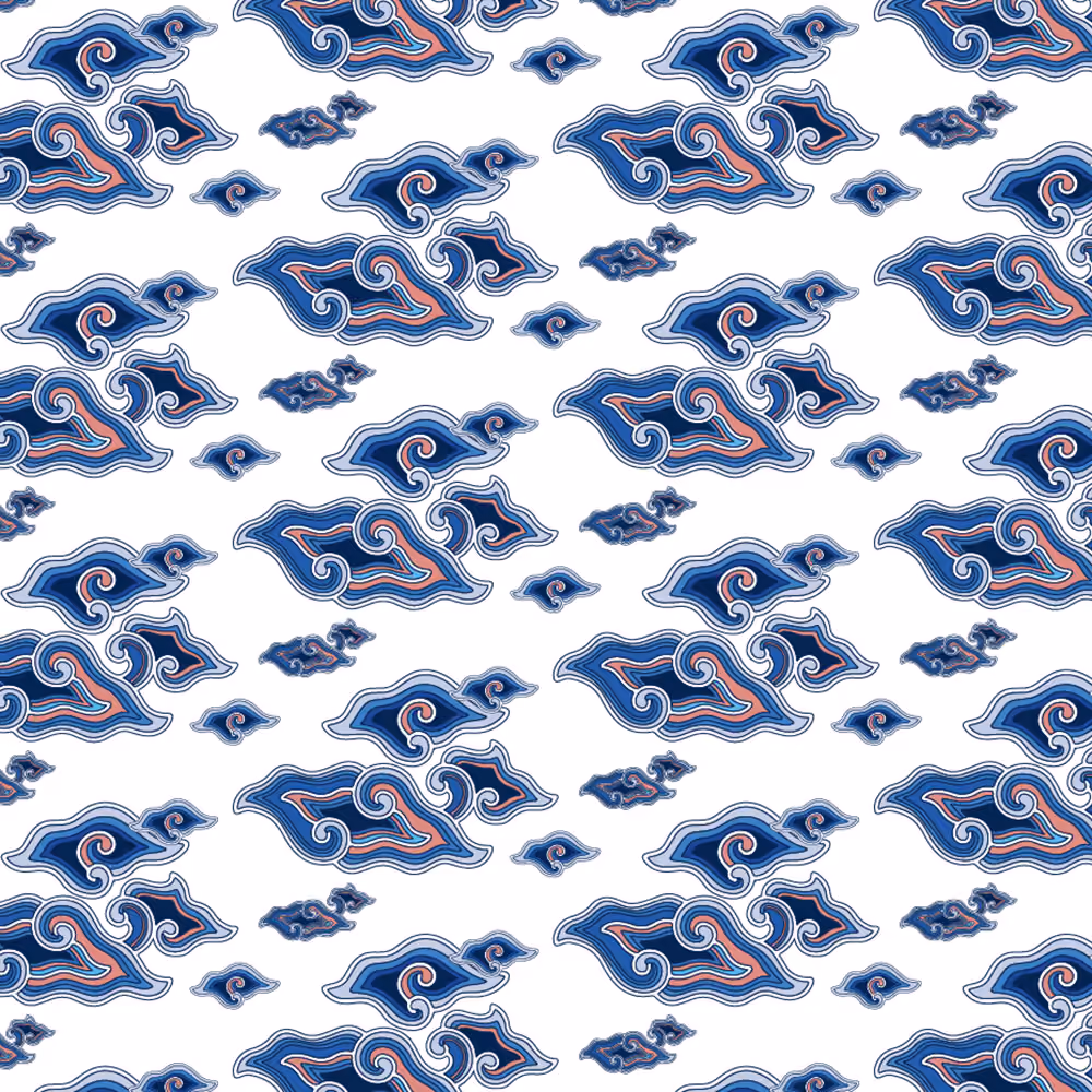 Megamendung pattern in navy, cobalt and coral on white, with layered scrolling motifs in diagonal rows.