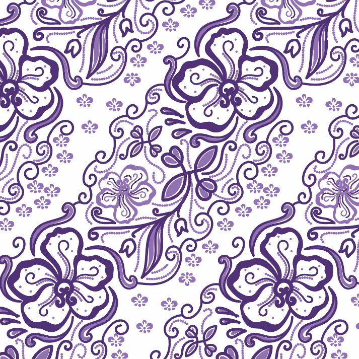 Seamless pattern of purple Orchid flowers with swirling lines on white background.
