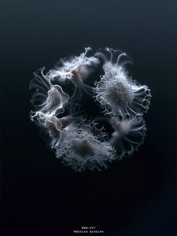Research visualization of a translucent biological structure exploring morphology, emergent organization and biological design principles.