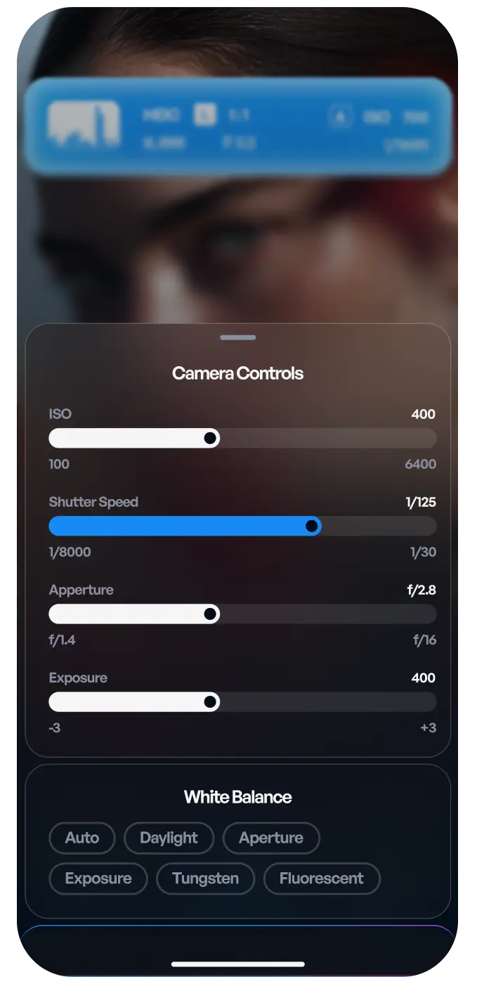 Snapa app pre-shot adjustment controls screen