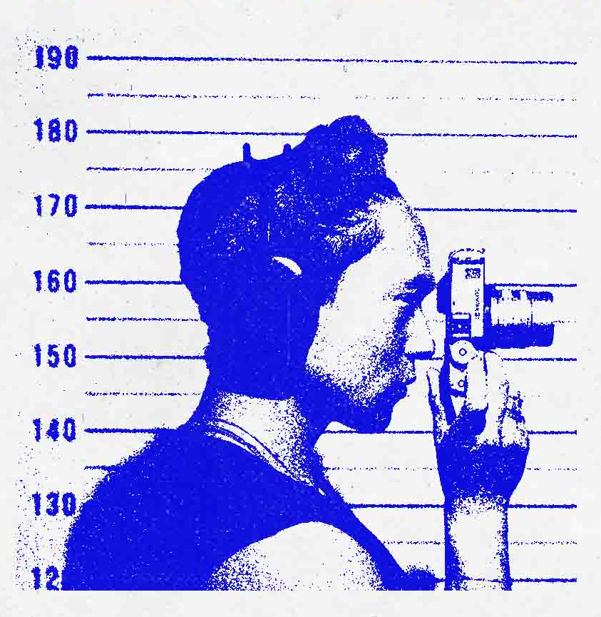 Blue-toned image of a person in profile holding a vintage camera to their eye, standing against a height measurement chart showing numbers from 120 to 190.