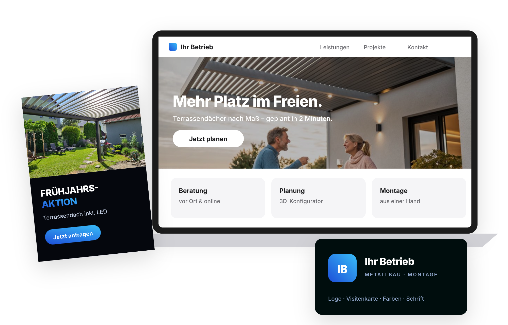 Website, Flyer und Visitenkarte als Design-Beispiel