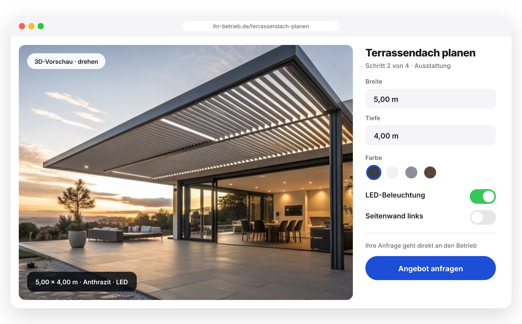 Konfigurator für ein Terrassendach mit Maßen, Farbe und Anfrage-Button