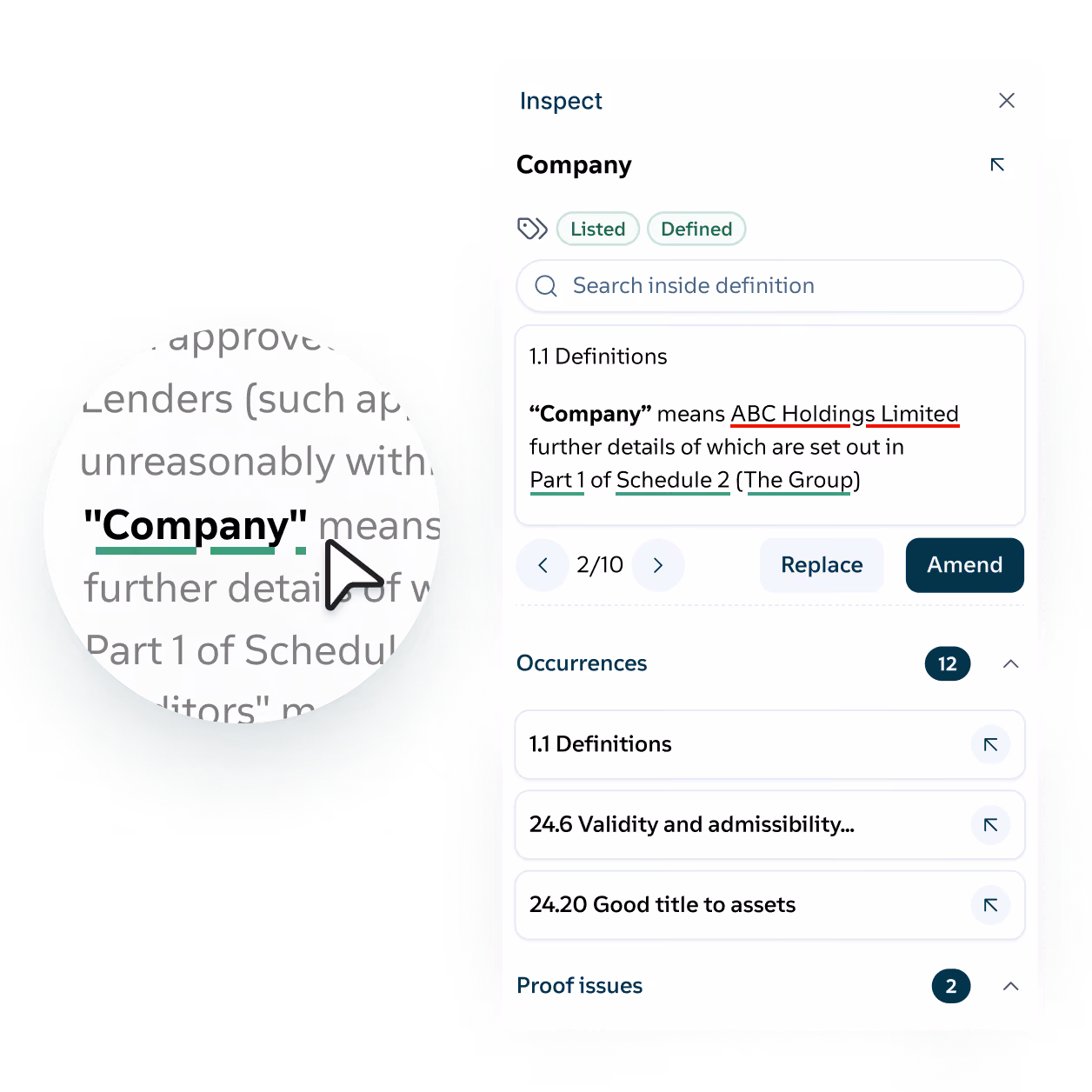 Digital interface panel titled 'Inspect' showing a company definition with terms like 'Company' in bold, ABC Holdings Limited, and references to Part 1 of Schedule 2. Buttons labeled Replace and Amend are visible, along with sections for Occurrences listing items like '1.1 Definitions', and 'Proof issues'. A cursor is seen pointing to the word 'Company' magnified in a circular zoom area on the left side.
