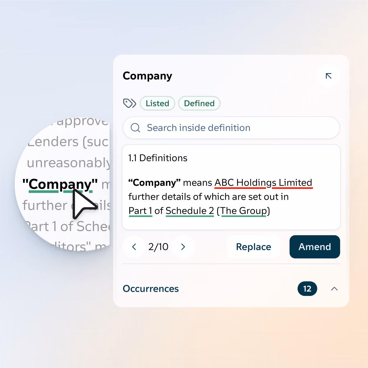 User interface showing a definition for the term 'Company', highlighting 'Company' with a cursor. The definition reads: 'Company means ABC Holdings Limited, further details are in Part 1 of Schedule 2 (The Group)'. Buttons for Replace and Amend are visible, with occurrence count 12 and page 2 of 10 navigation.