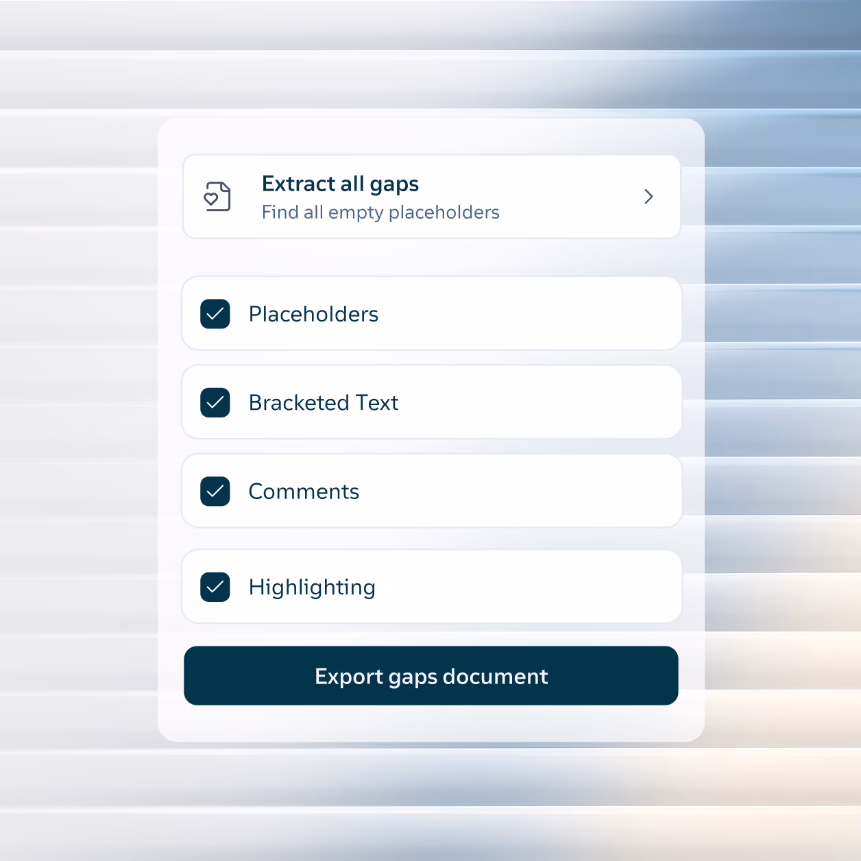 User interface for extracting empty placeholders with options to select Placeholders, Bracketed Text, Comments, and Highlighting, and a button labeled Export gaps document.
