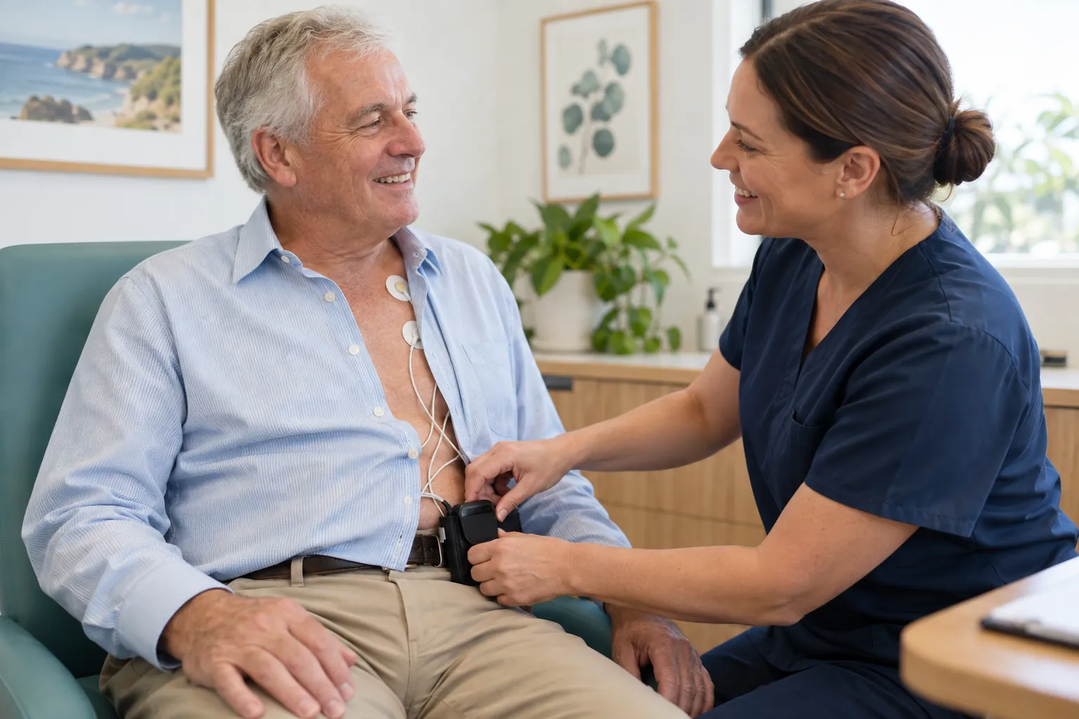 A technician fitting a Holter monitor for a patient in a GP clinic