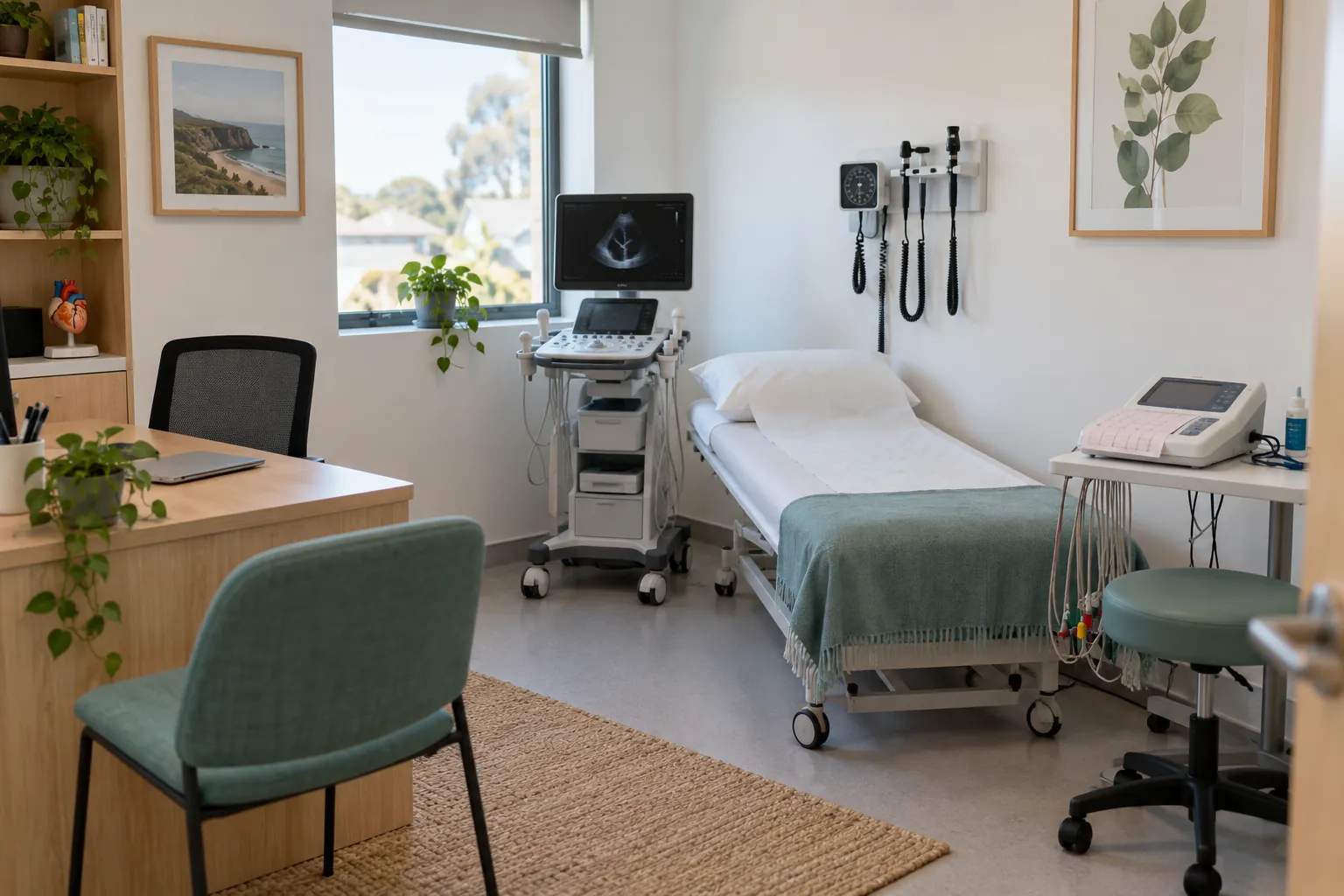 A GP clinic consult room set up for heart testing