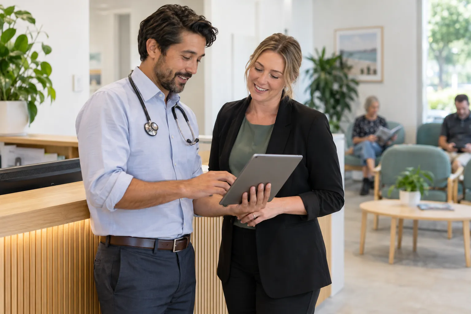 A GP and a practice manager reviewing a schedule at a clinic reception desk