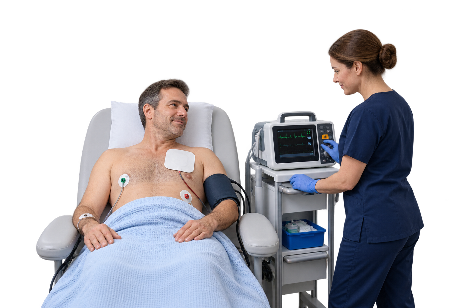 Illustrative hospital preparation with cardioversion pads and monitoring equipment.