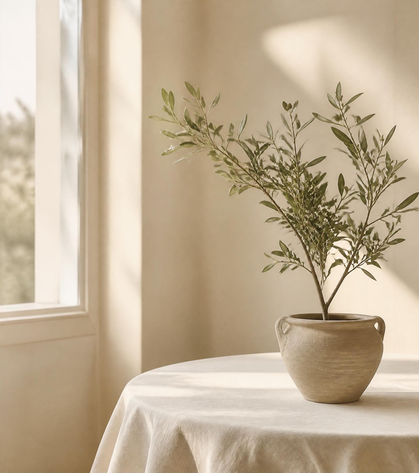 Green leafy branch in a beige ceramic pot on a round table with a white cloth near a window.