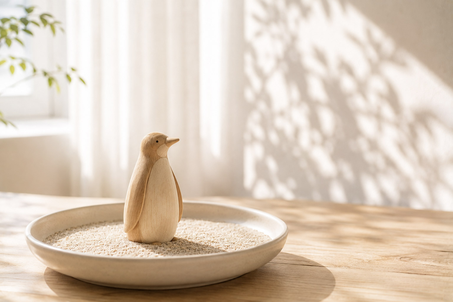 Kleine Holzfigur eines Pinguins in einer Schale mit Sand – Sinnbild für Anderssein