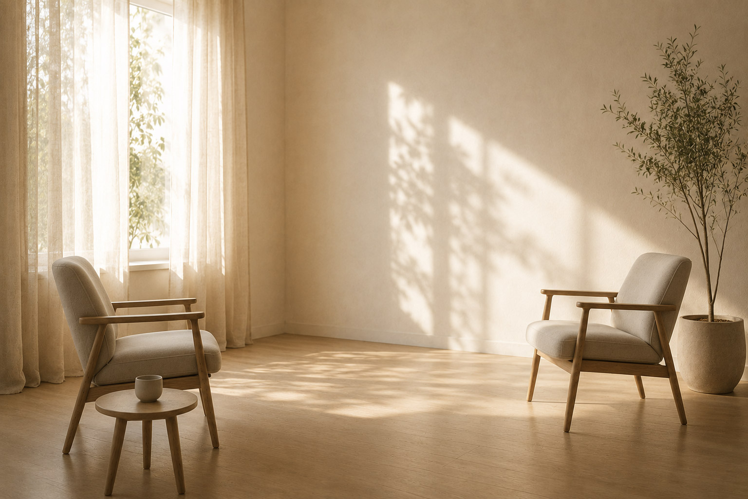 Zwei leere Sessel in einem lichtdurchfluteten Therapieraum