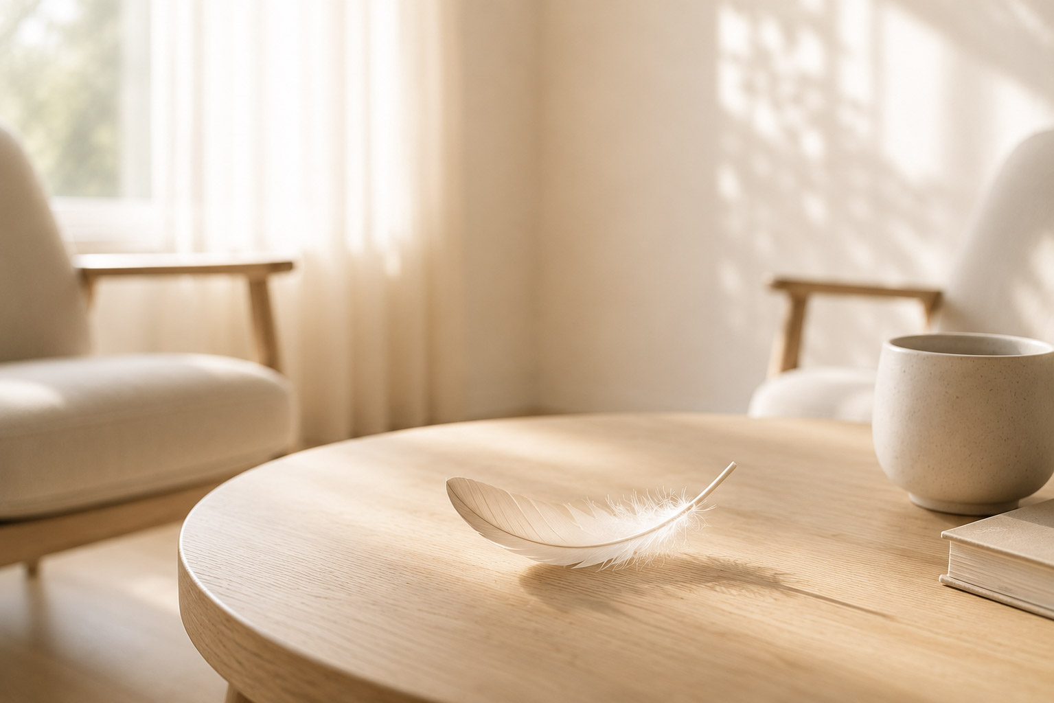 Feder auf einem runden Holztisch neben einer Tasse