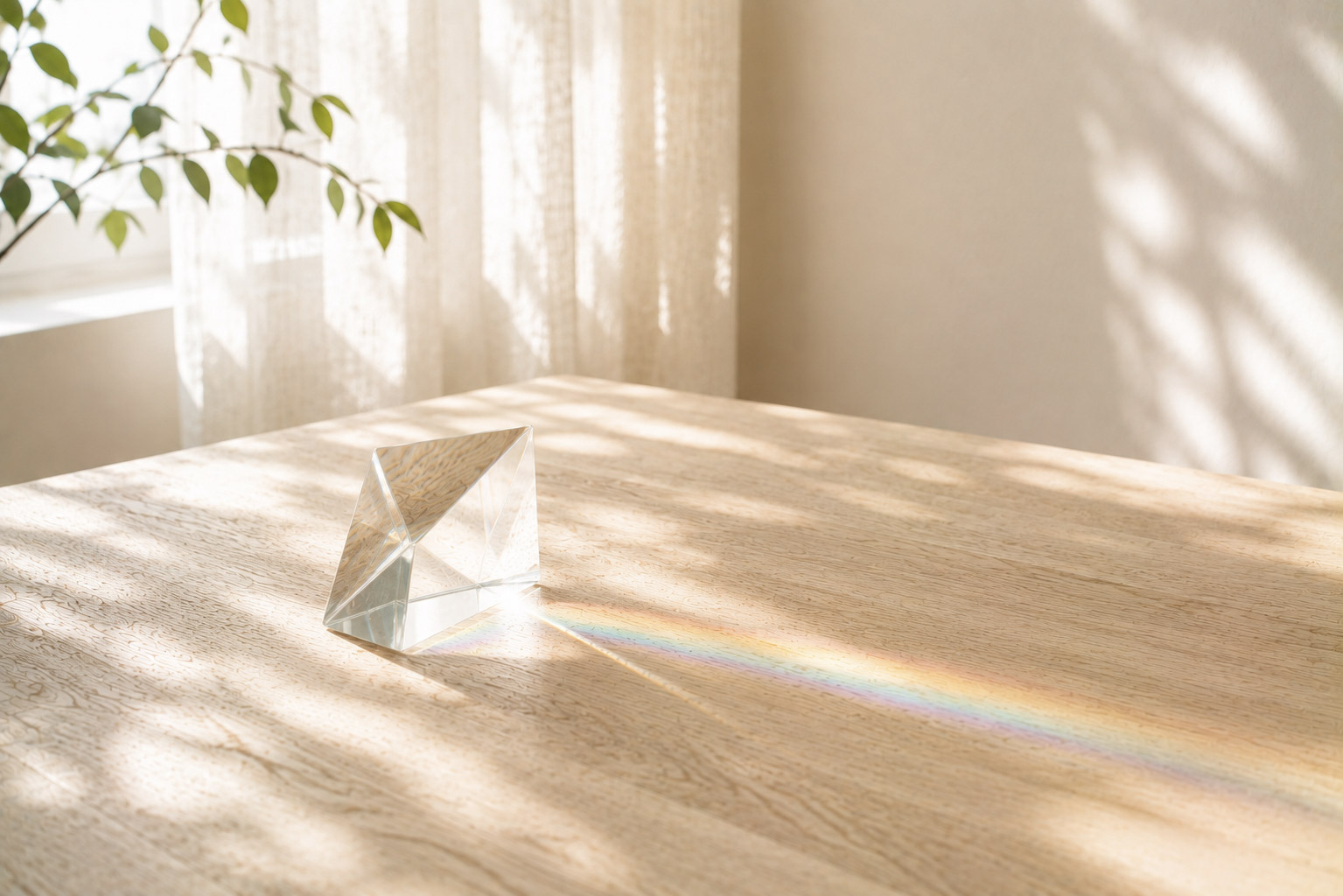 Glasprisma auf einem Holztisch erzeugt einen Regenbogen-Lichtstrahl