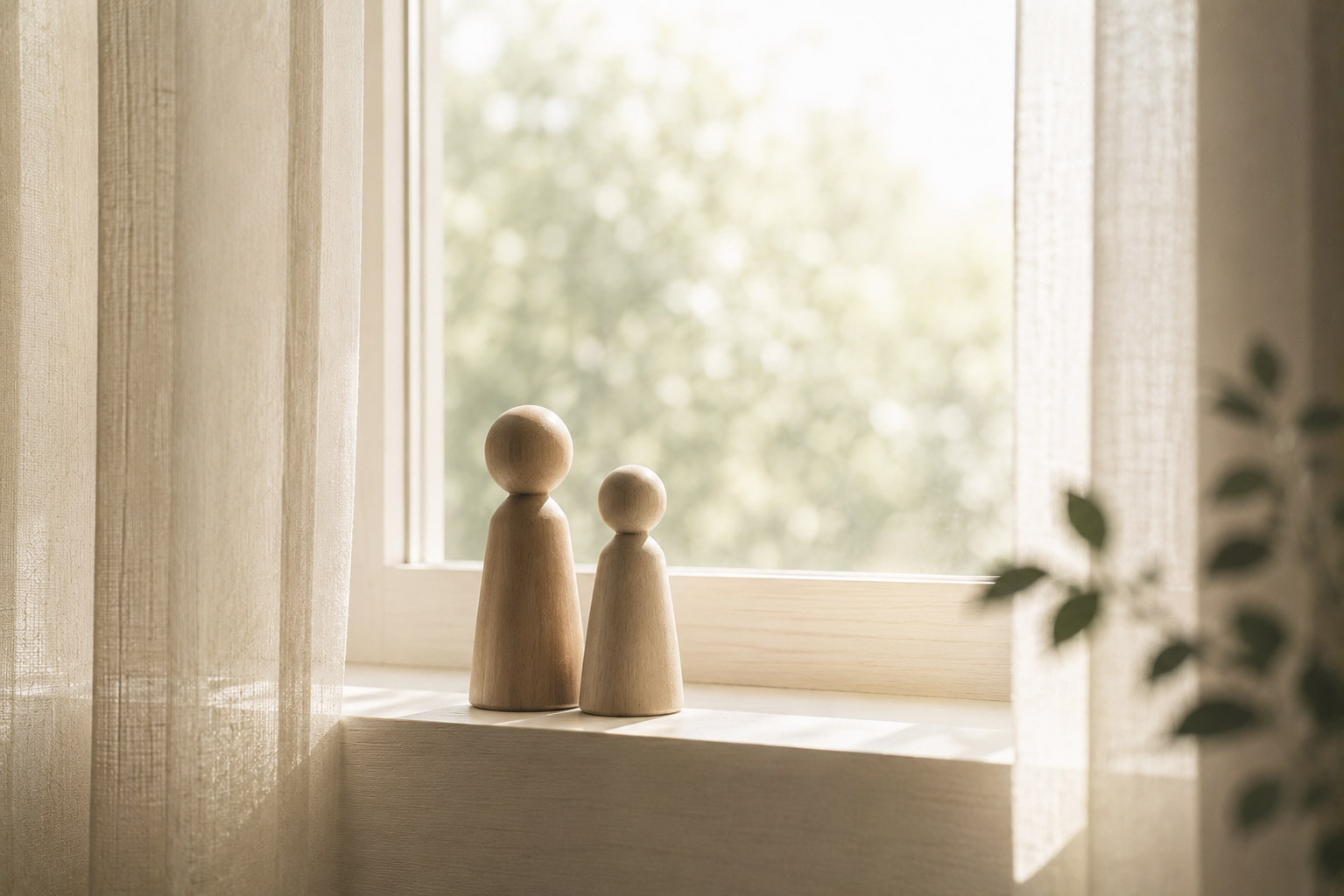 Zwei hölzerne Figuren nebeneinander auf einer Fensterbank im Gegenlicht