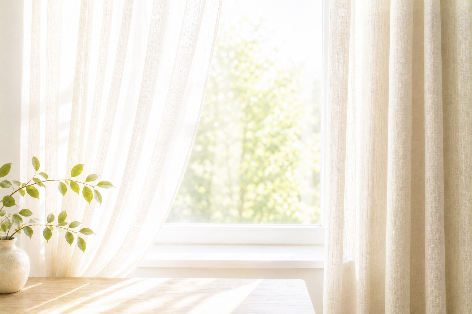Sonnenlicht durch transparente Vorhänge an einem Fenster