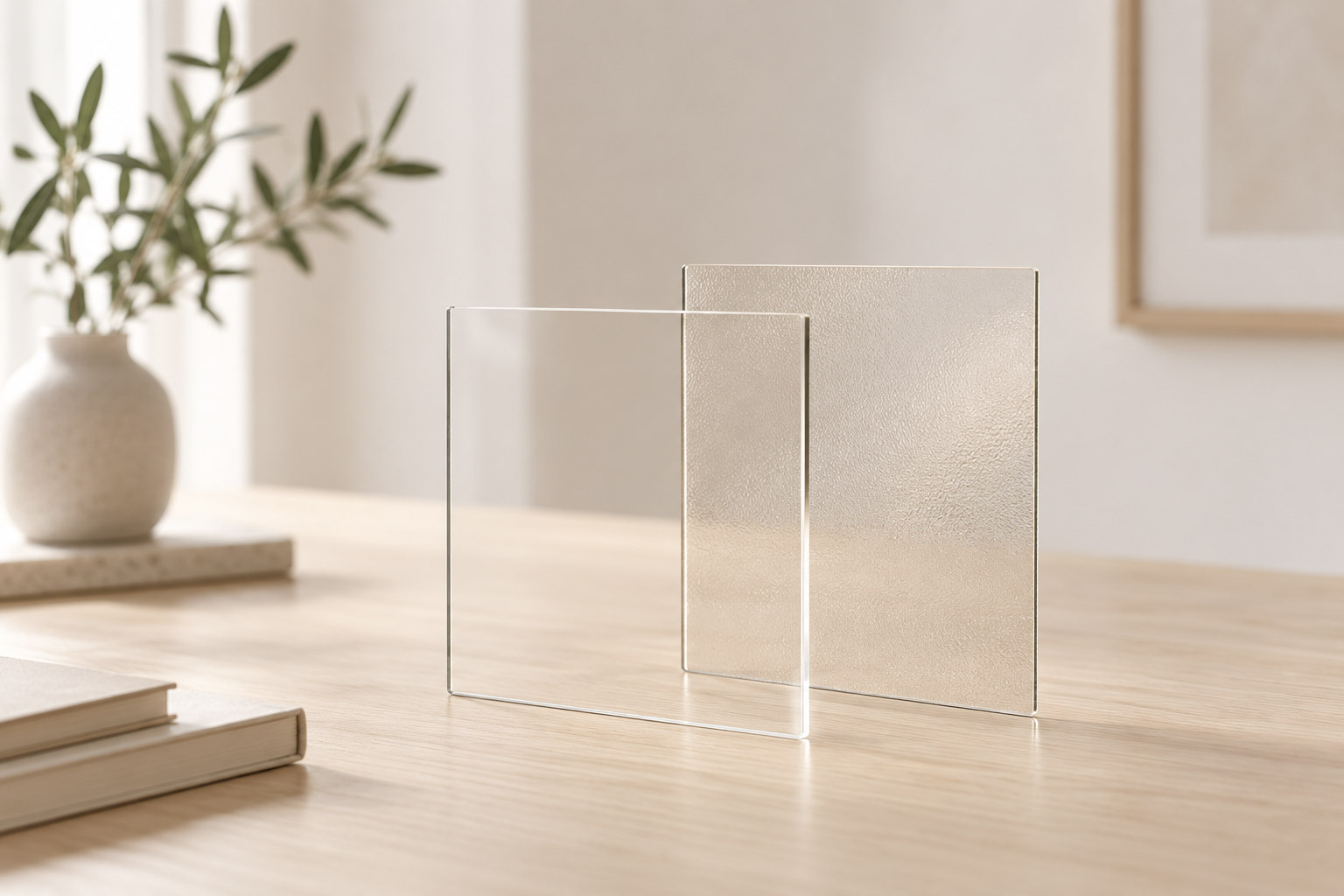 Zwei transparente Glasscheiben stehend auf einem Holztisch – Sinnbild für Personzentrierte Psychotherapie mit autistischen Menschen