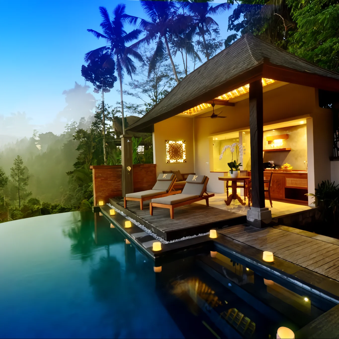 Private villa and infinity pool at night