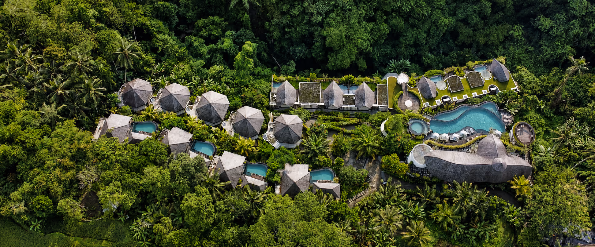 Aerial view of Kenran Resort surrounded by dense tropical forest