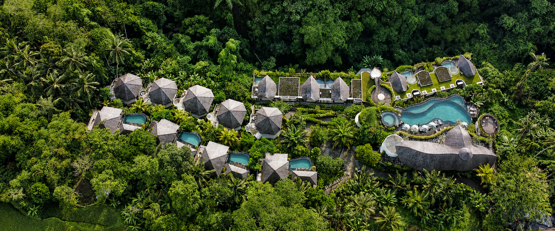 Aerial view of Kenran Resort surrounded by dense tropical forest