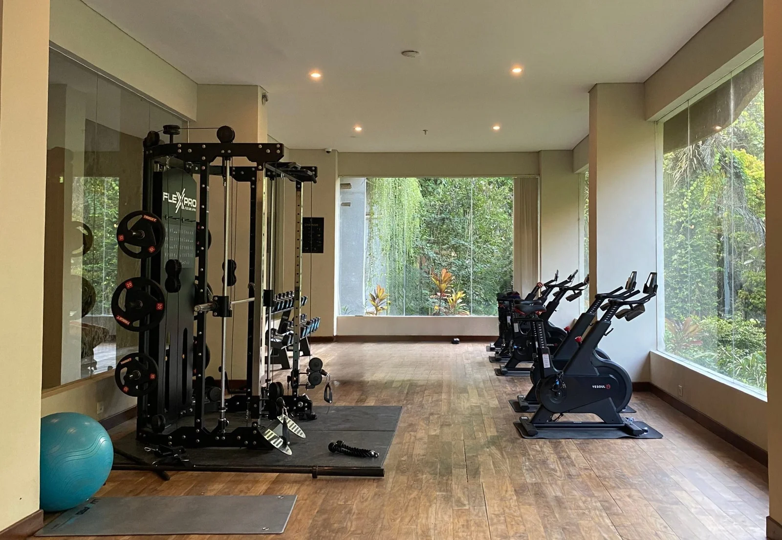 Resort grounds and pool where guests keep up their workouts