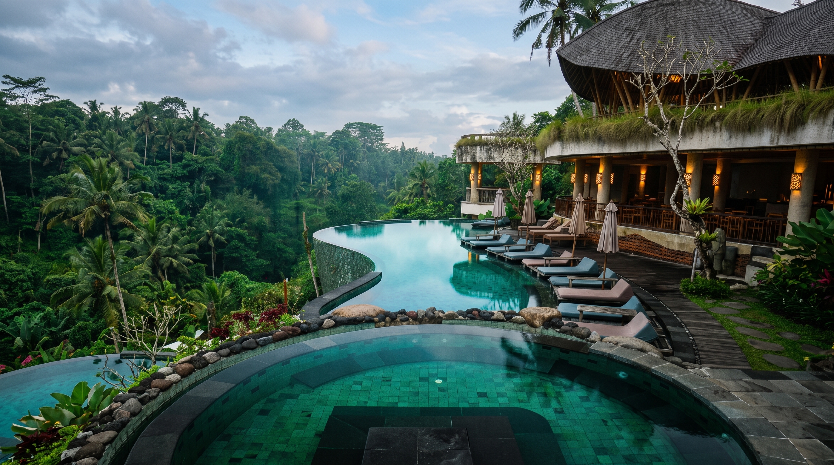 Tdung Restaurant and pool overlooking the tropical landscape