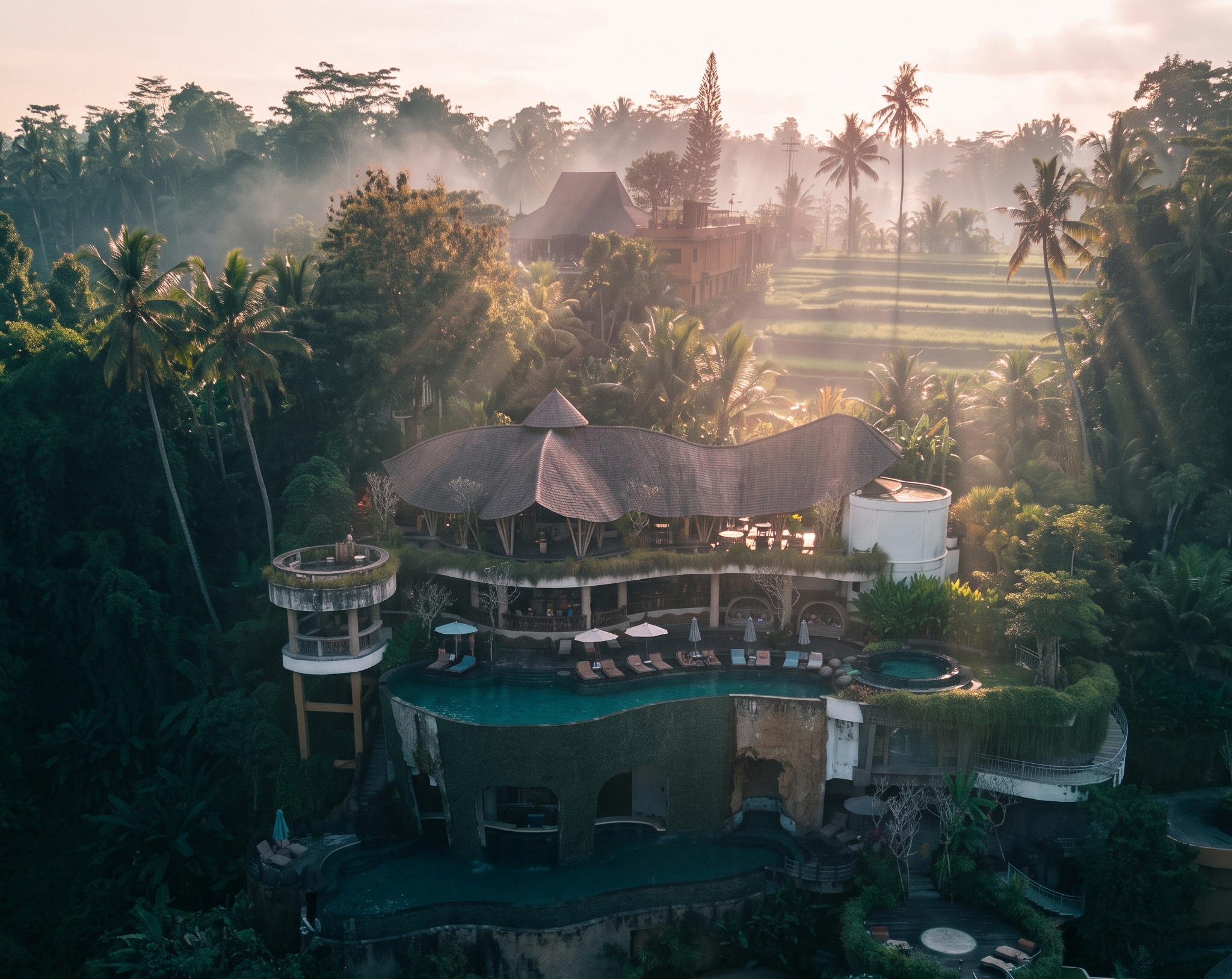 T’dung Restaurant Pool & Bar elevated above the tropical valley at Kenran Resort Ubud