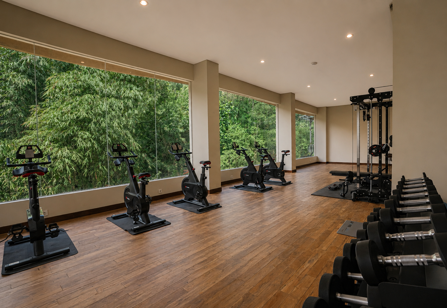 Resort grounds and pool where guests keep up their workouts