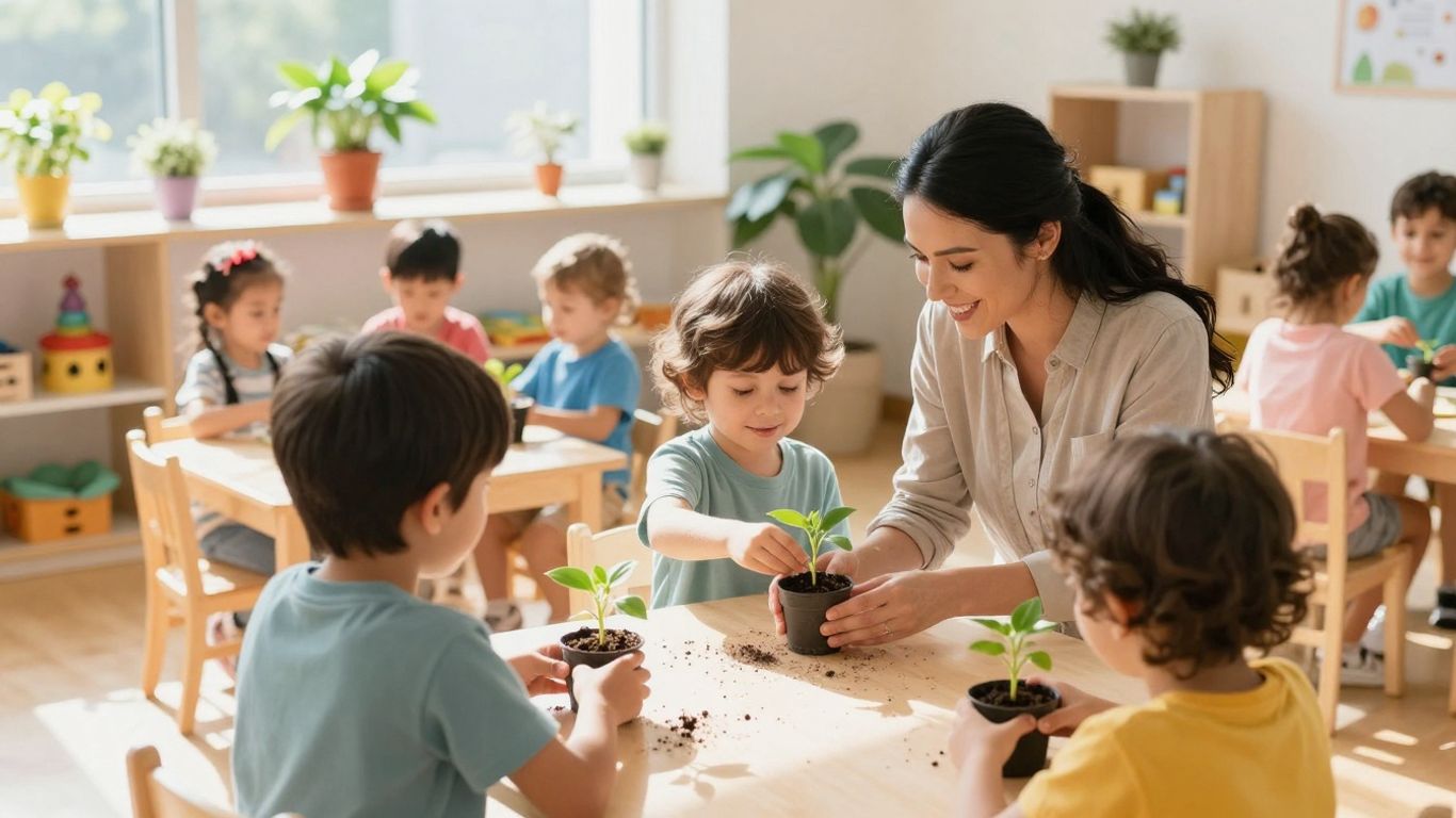Children learning about sustainability in a bright, cheerful classroom.
