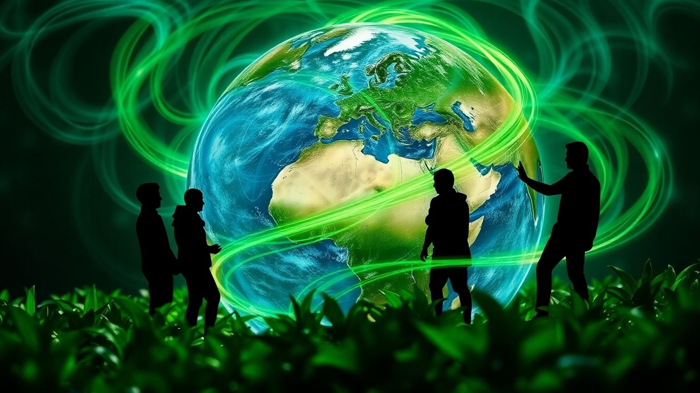Global carbon emissions data visualization with people interacting.