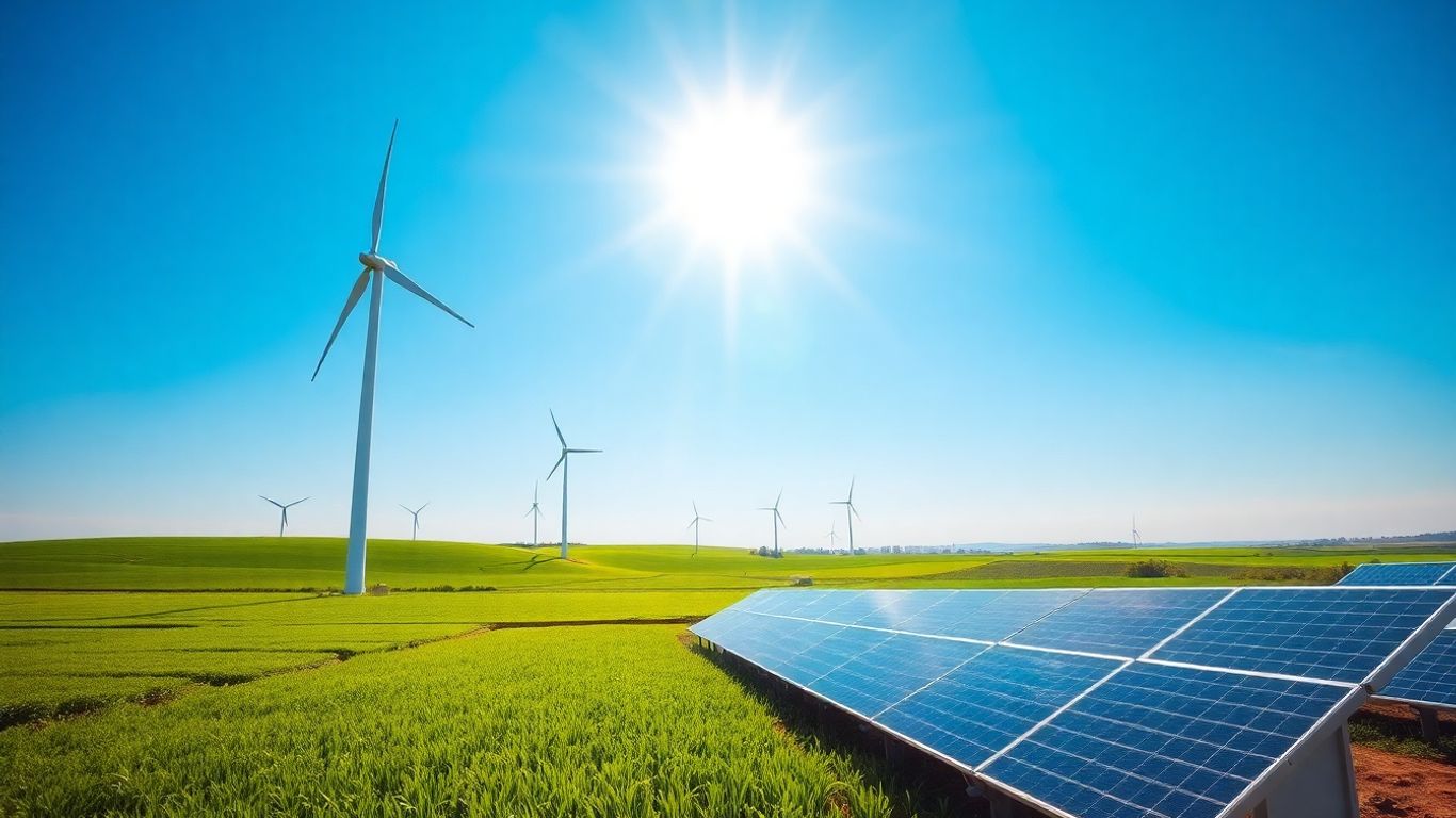 Wind turbines and solar panels in a sunny, green landscape.