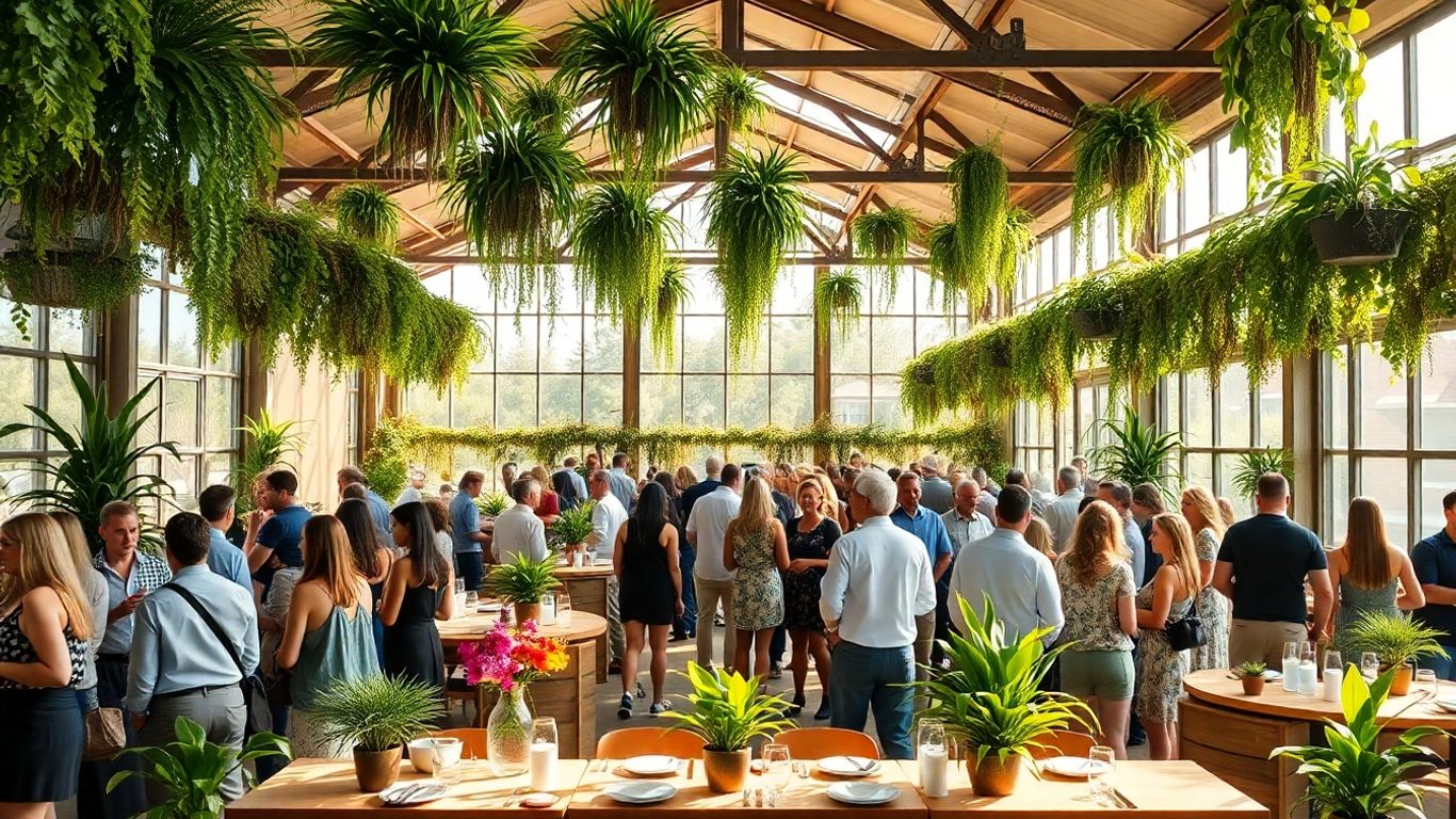 Green event venue with plants and natural light.