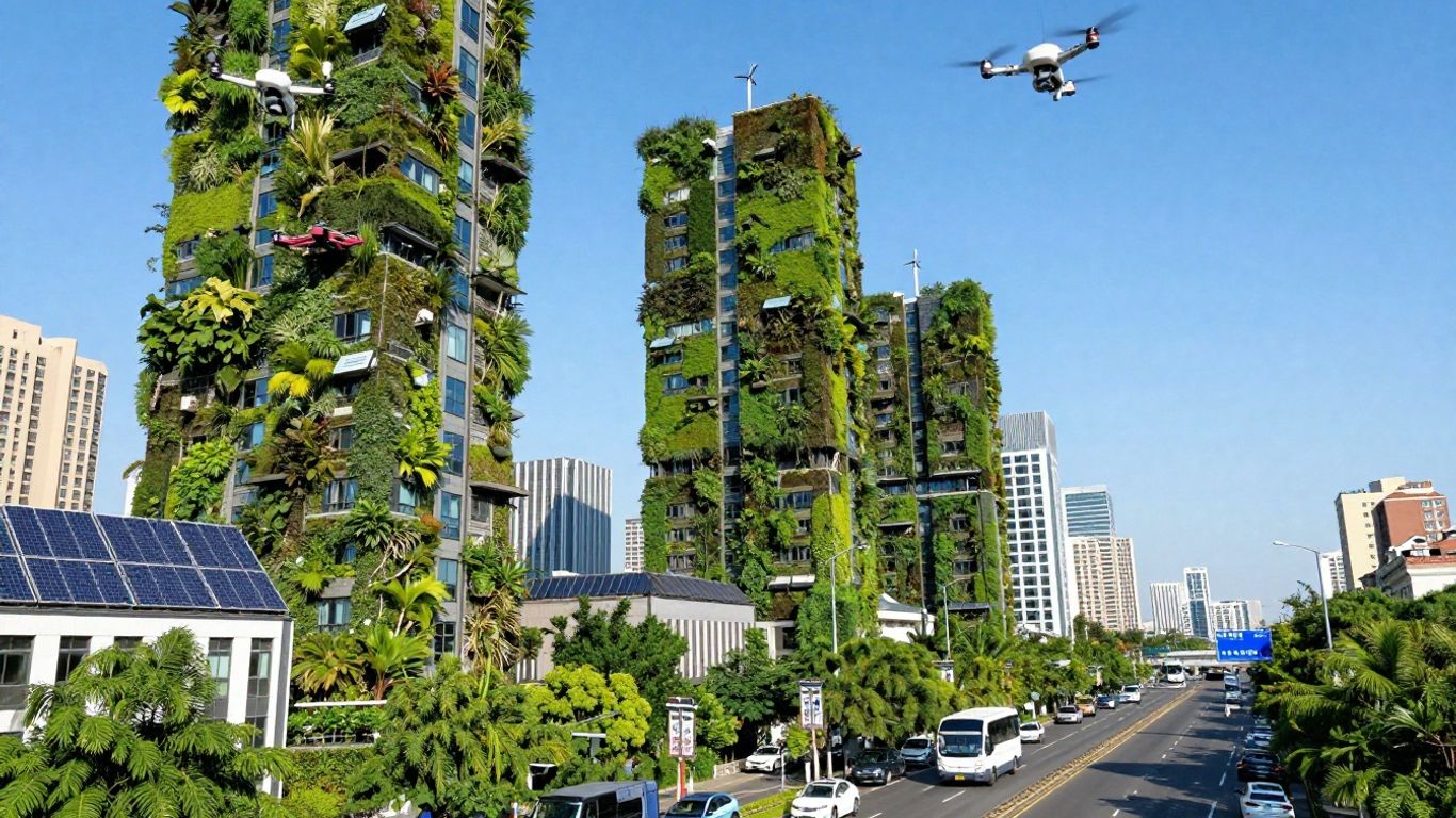 Sustainable city with green buildings and clean energy.