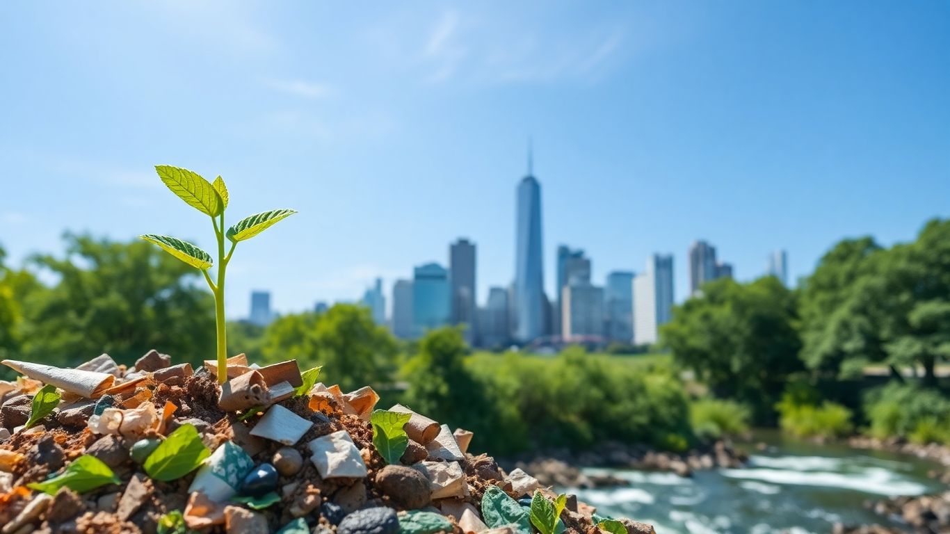 Green seedling growing from recycled materials with city skyline.
