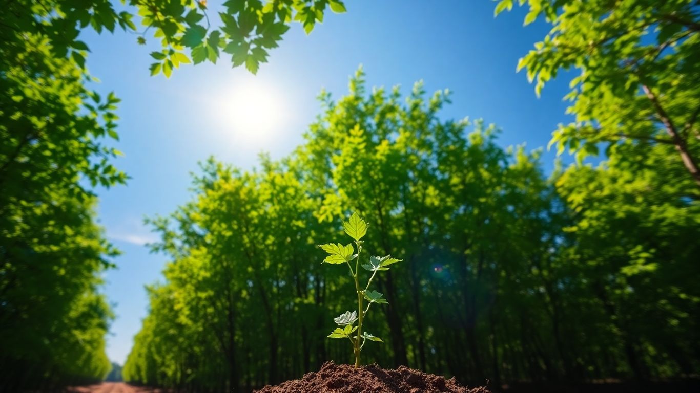 Green forest canopy with a sapling and distant clean energy.