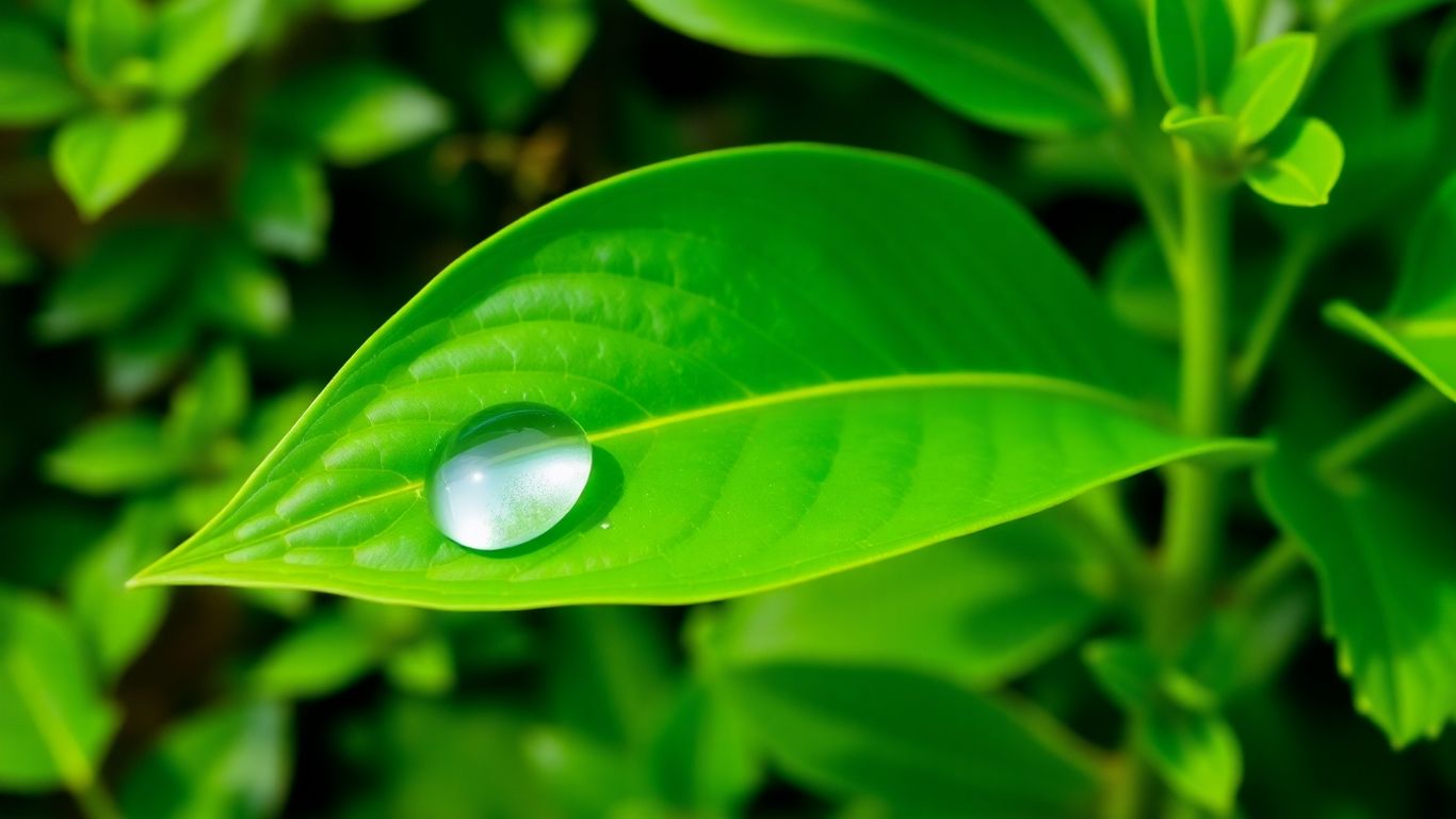 Green leaf with water droplet reflecting blue sky.