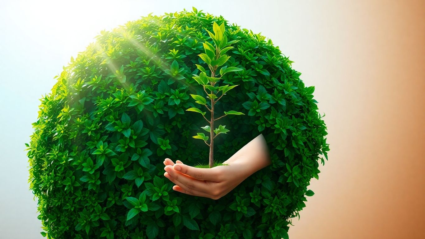 Green planet Earth with a sapling being held.