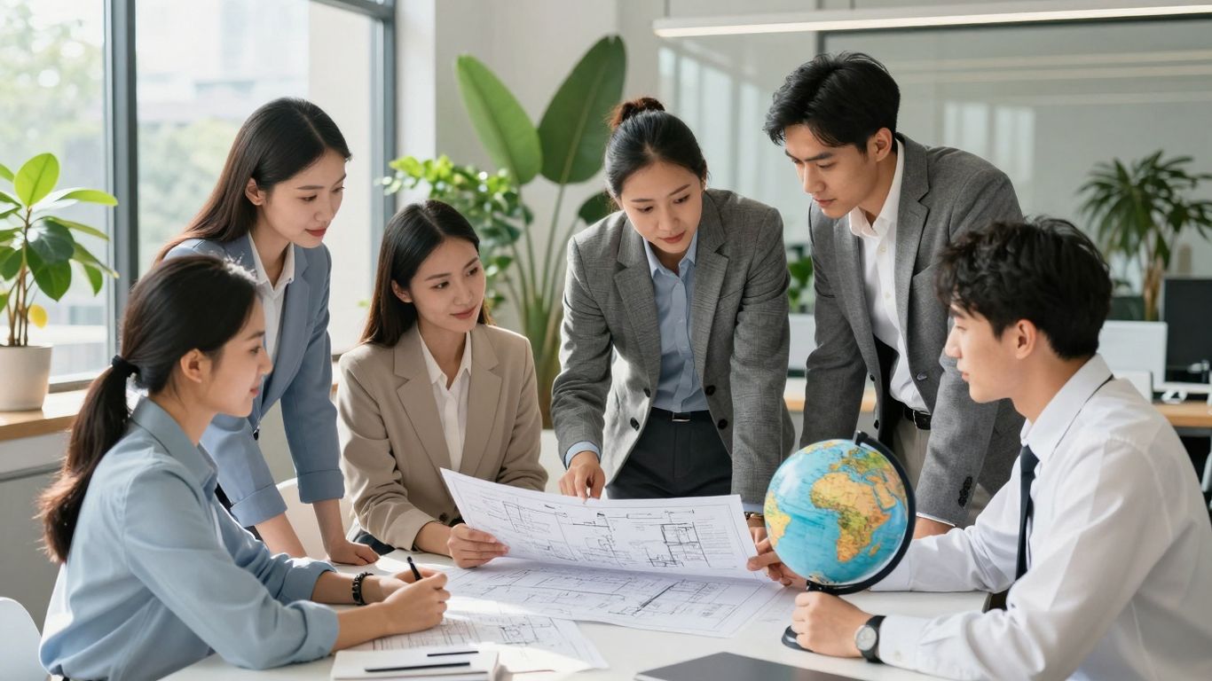 Professionals collaborating in a modern, green office.
