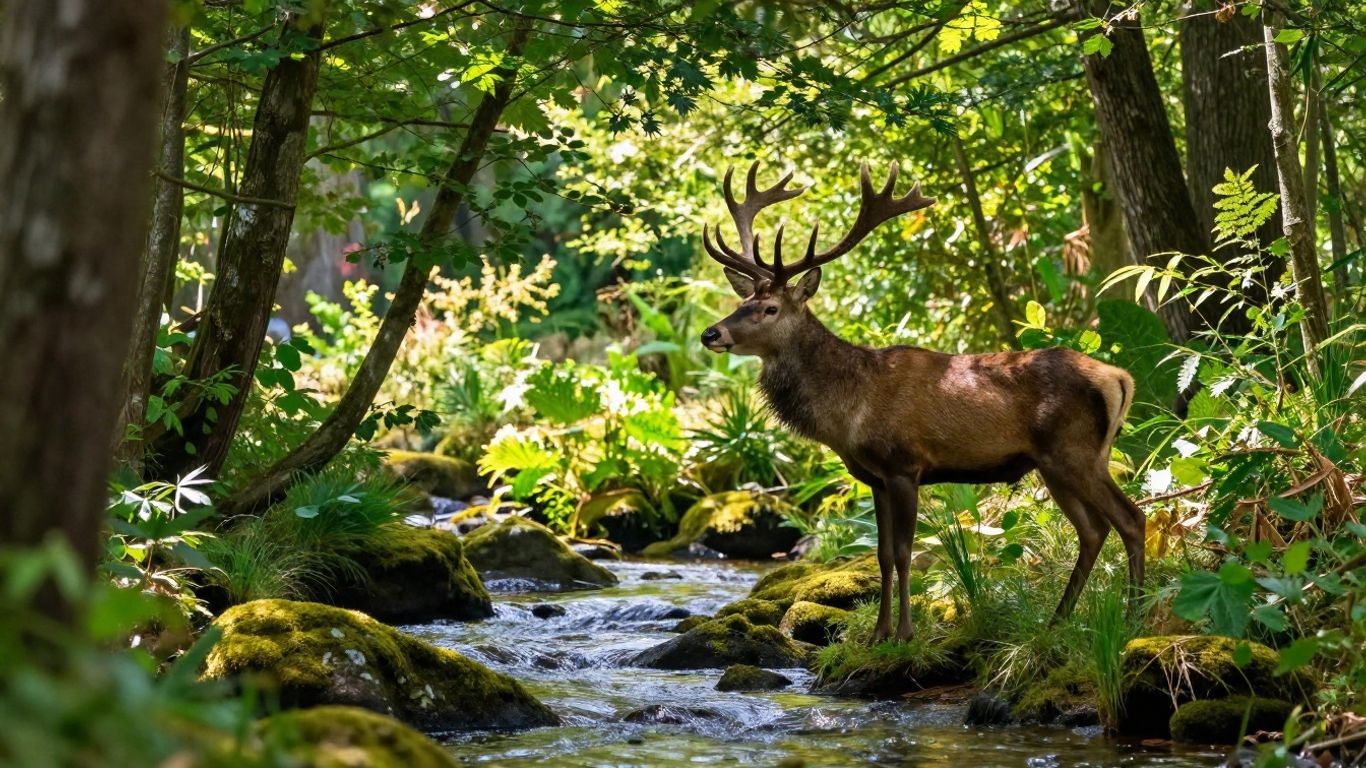 Lush forest with a stream and a stag.