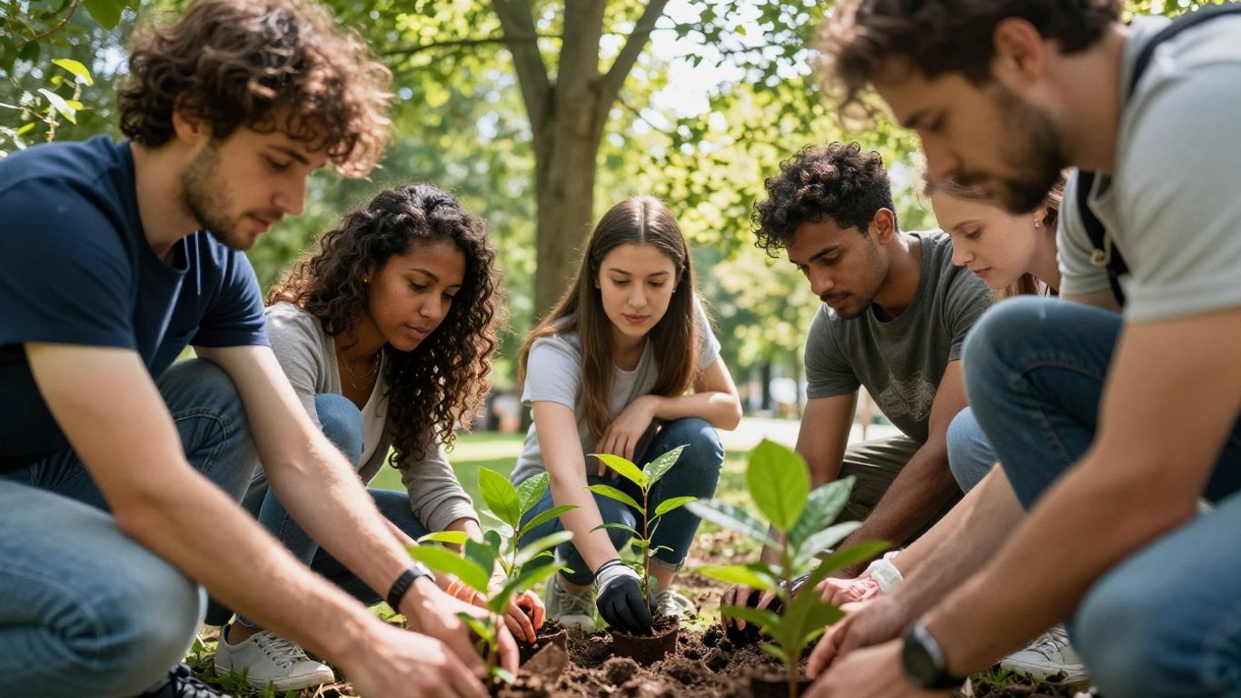 People planting trees in a park, working together.