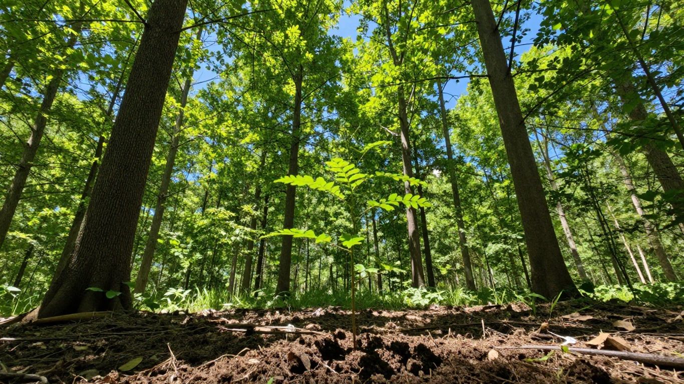 Green forest with a sapling being planted.