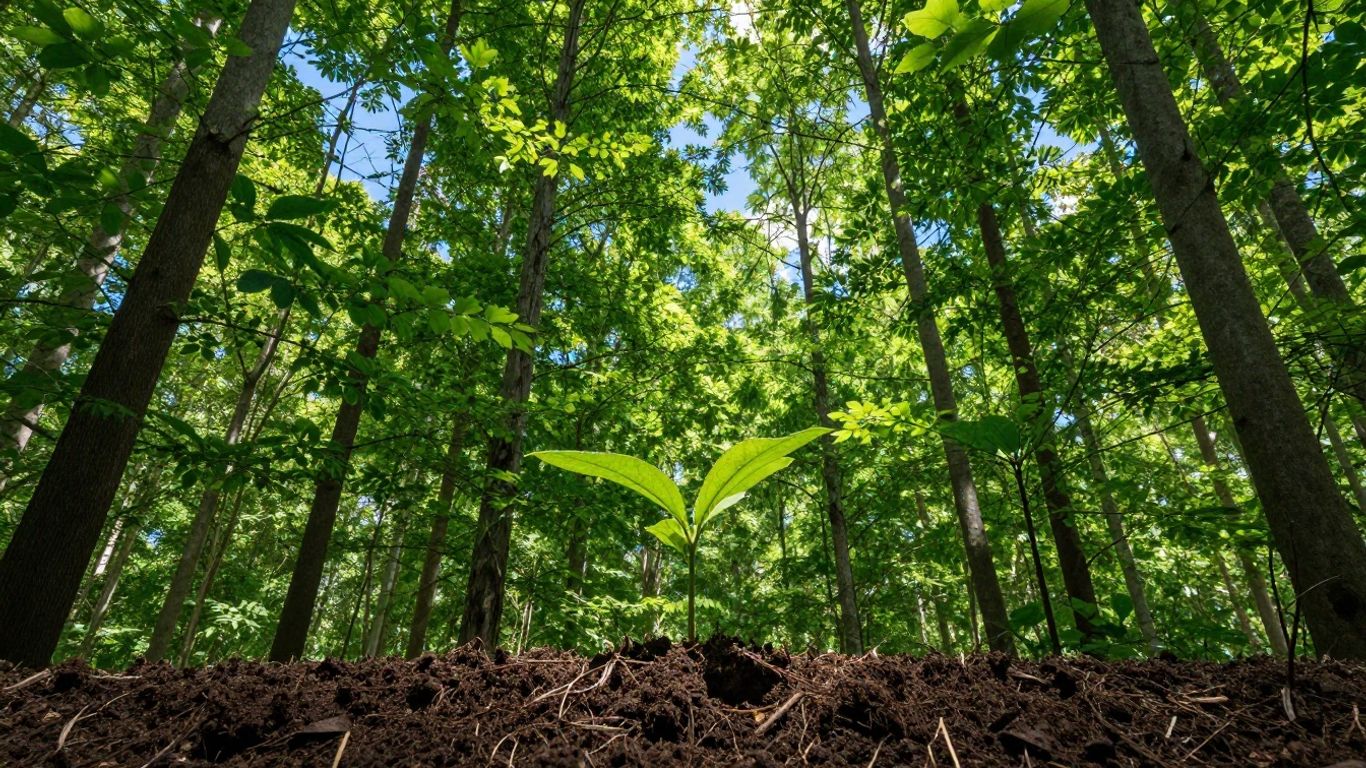 Lush forest with a young sapling, symbolizing carbon negativity.