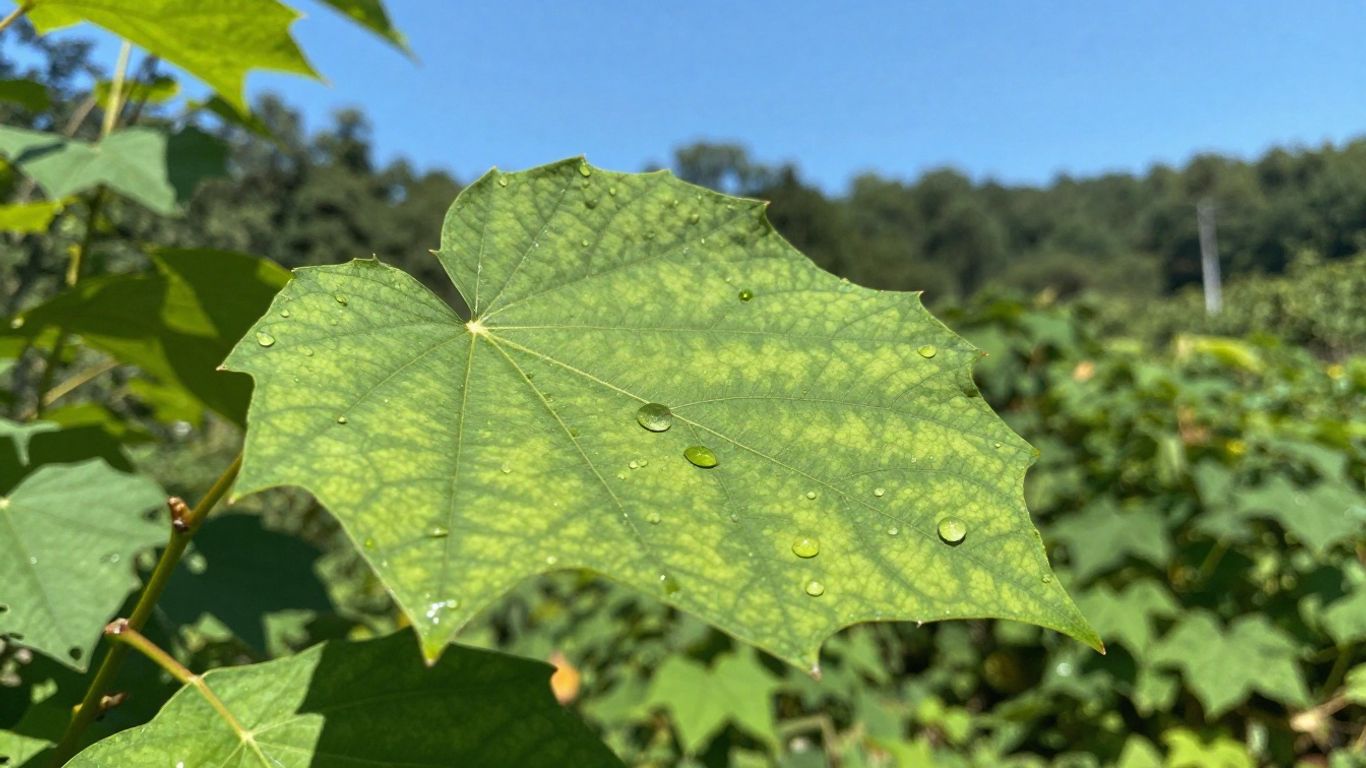 Green leaf with water droplets against a forest backdrop.