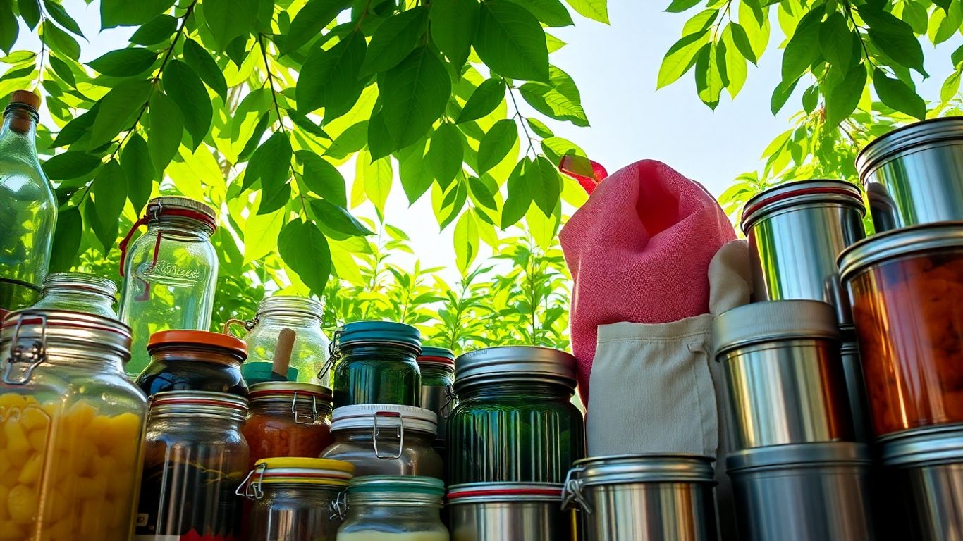 Reusable items and green leaves for a sustainable future.