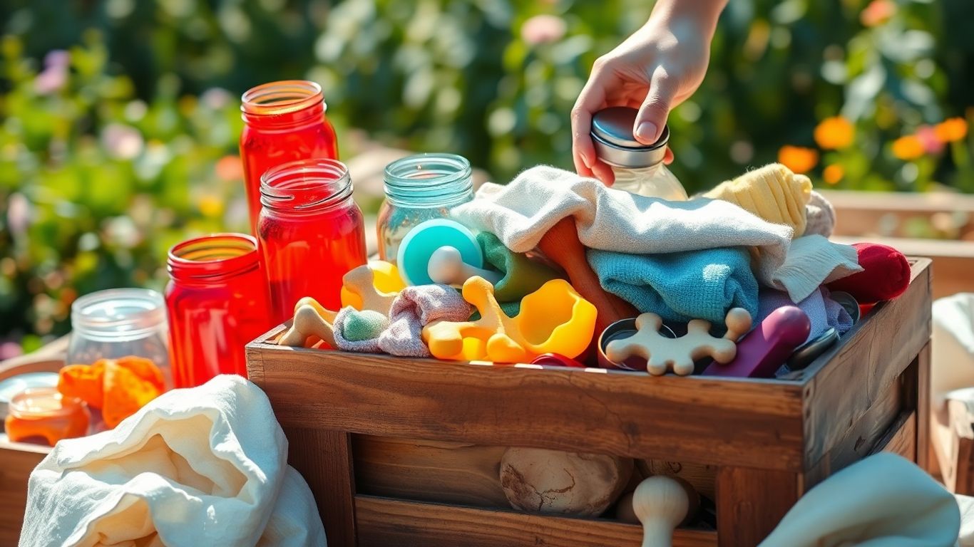 Hands sorting reusable items for a greener future.