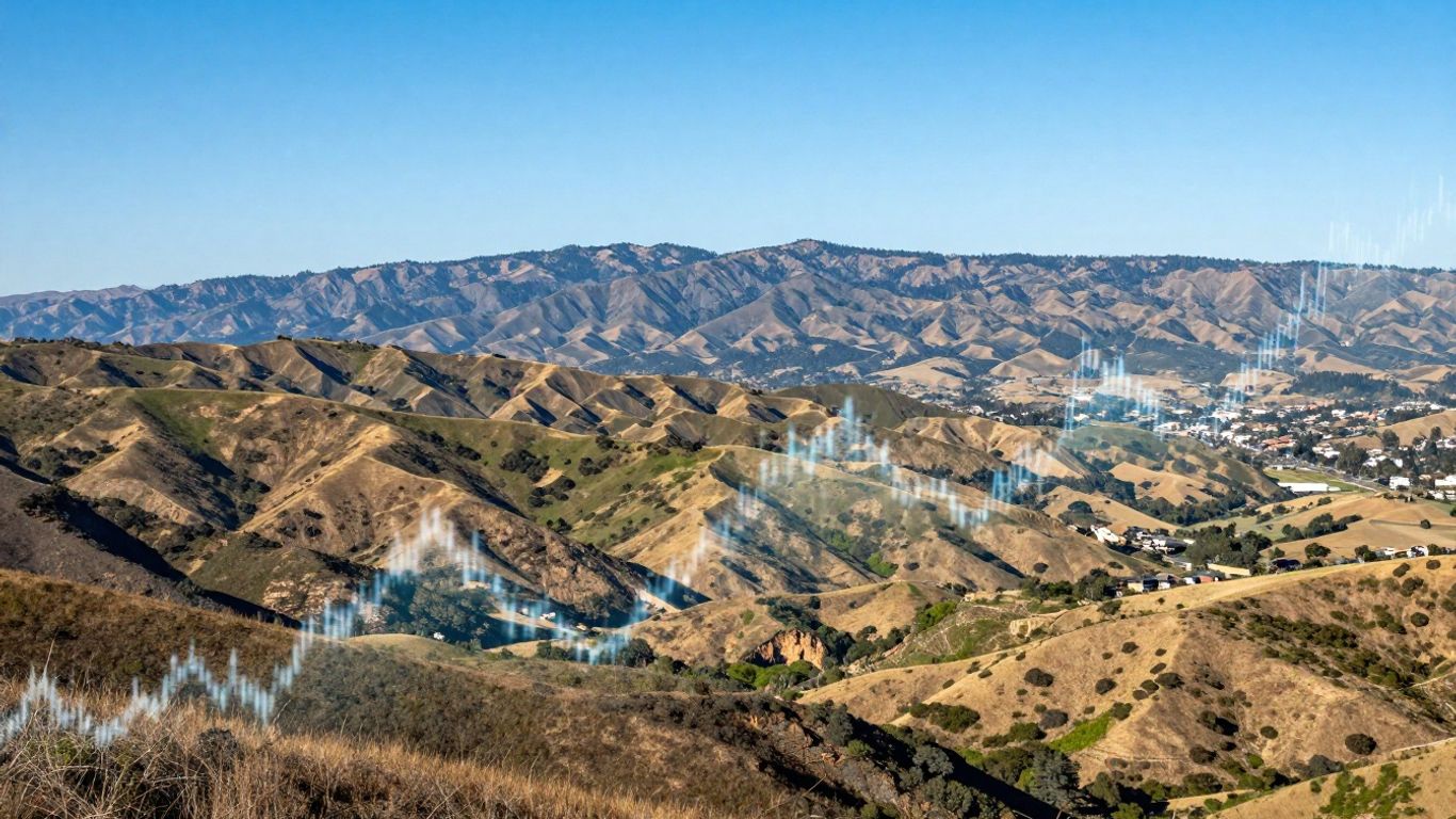 California landscape with abstract financial data overlay.