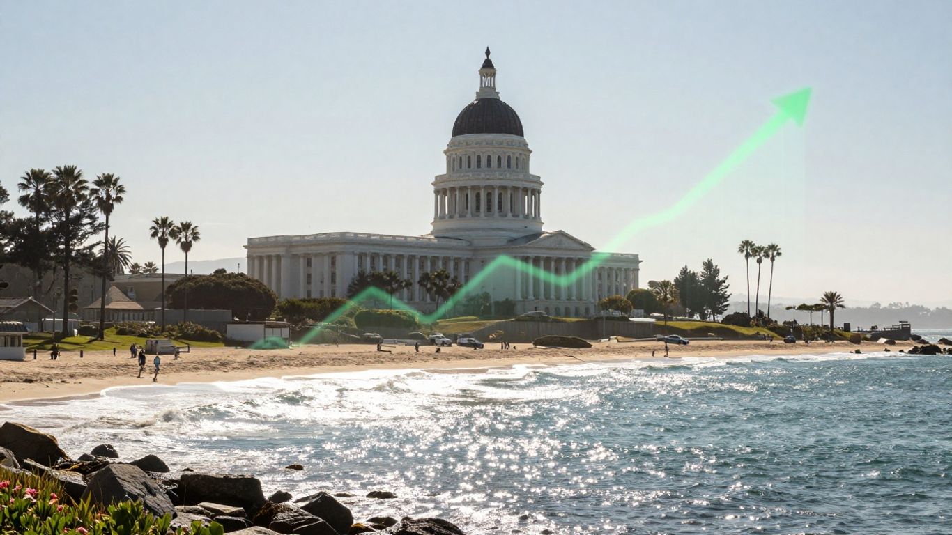 California coast with data streams and capitol building.