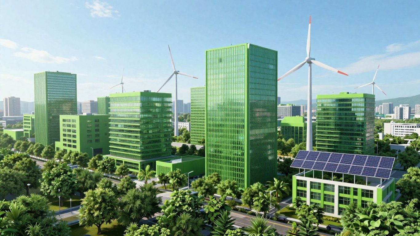Green cityscape with renewable energy sources.