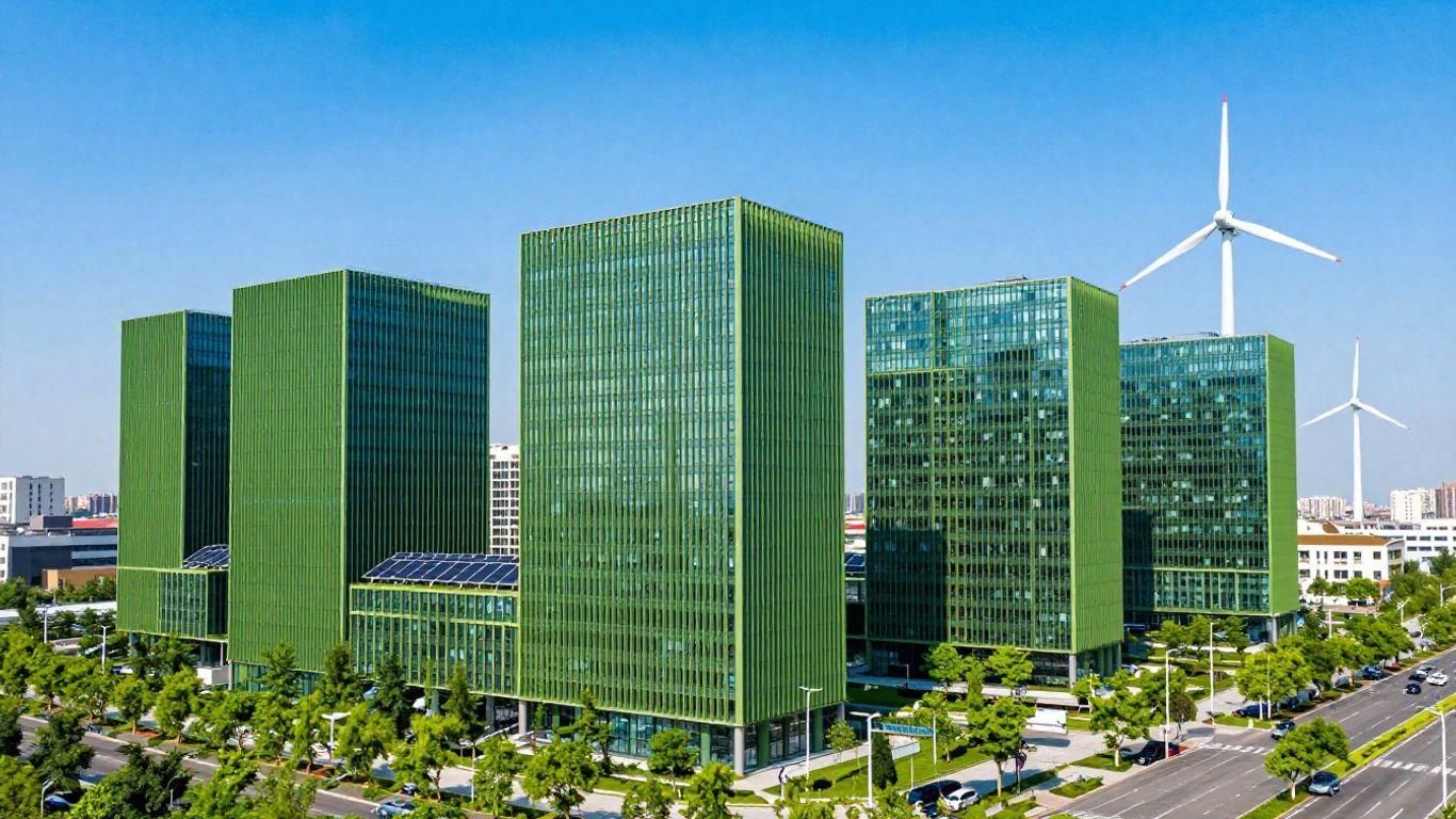 Green cityscape with renewable energy sources.